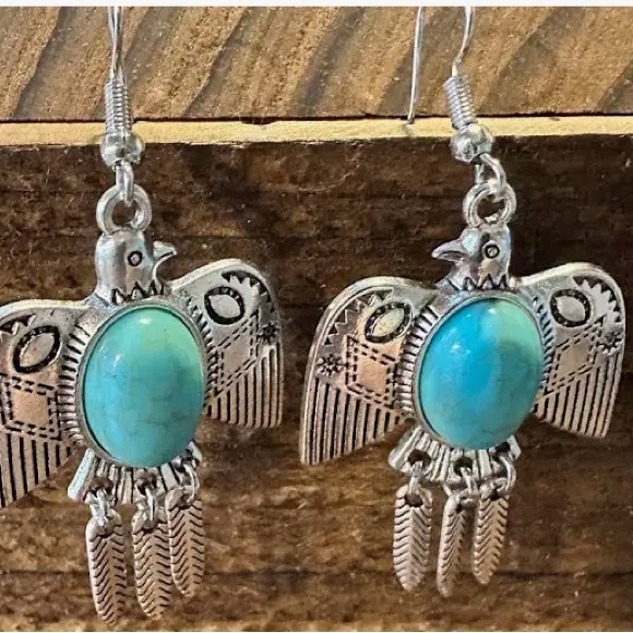 Turquoise Stone Feather Silver Bird Earrings - Picture 9 of 16